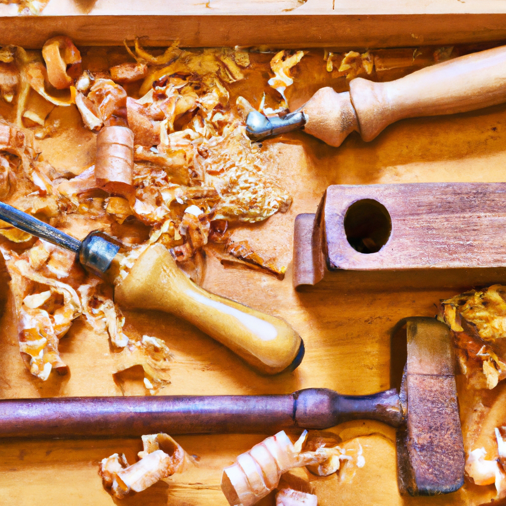Hand tools layout with chisels and hand plane on a vintage workbench